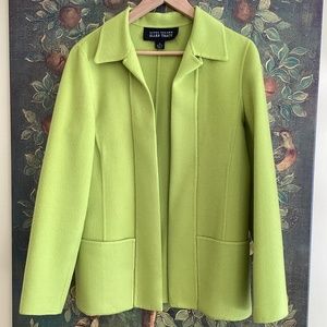 Linda Allard Ellen Tracy Chartreuse Green Open Front 100% Wool Jacket w/Pockets